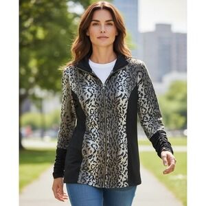 Wooly Bully Wear Leopard Print Full Zip Jacket Womens M Black Trim Ruched Sleeve